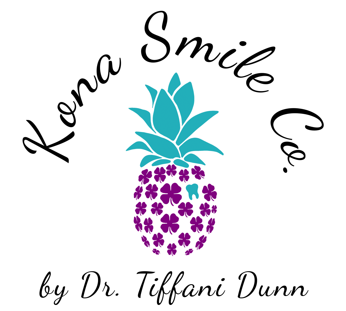 Kona Smile Company logo with a hand drawn pinapple with clovers & teeth, along with text saying "Kona Smile Co" "By Dr. Tiffani Dunn"