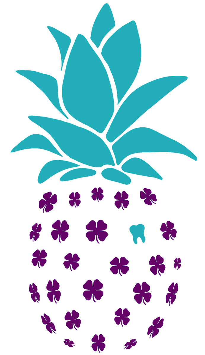 A hand drawn pineapple logo with clovers and a tooth as the pineapple scales.